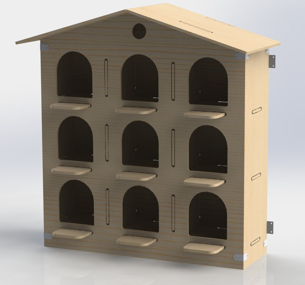 9-hole pigeon nesting box flat-pack kit with included assembly hardware