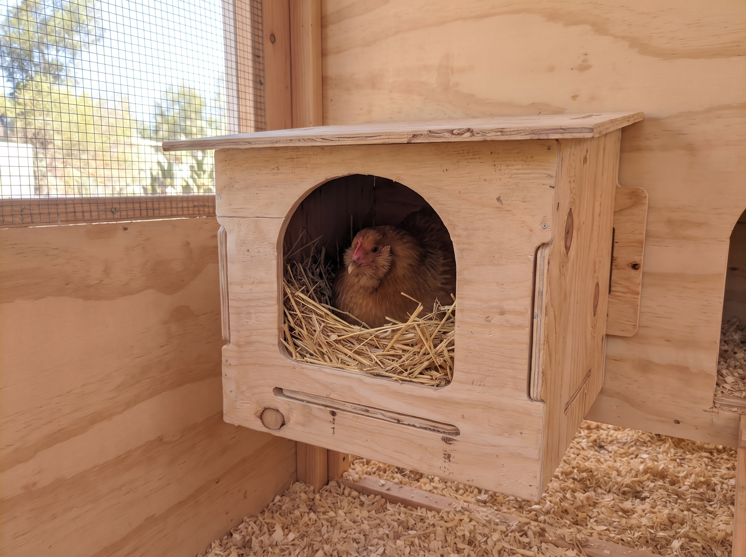 A hen nesting in a Shubin Farms jumbo single-hole poultry nesting box mounted in a coop